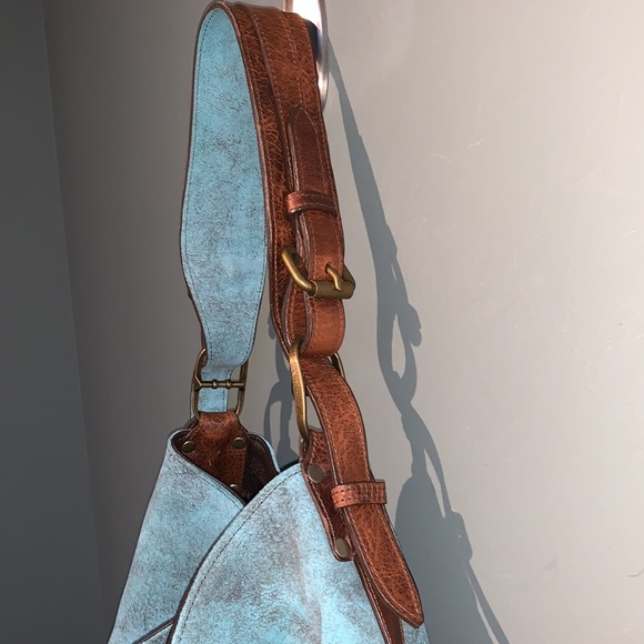 Juan Antonio Adobe Turquoise Blue Brown Leather Nubuck Weekend Boho Western Tote - Picture 7 of 16
